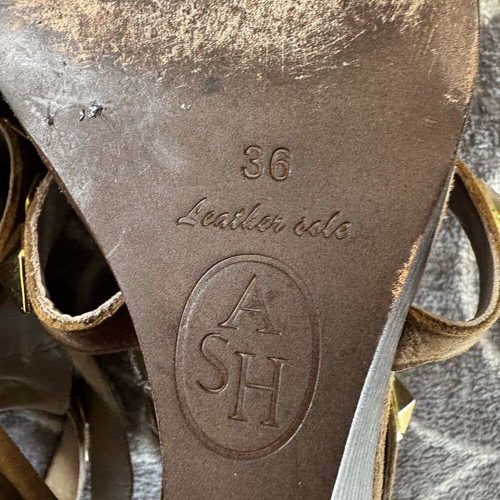 ASH Brown Suede Fringe Studded Leather Gladiator Studded Sandal Heels Sz 36 - Picture 12 of 16